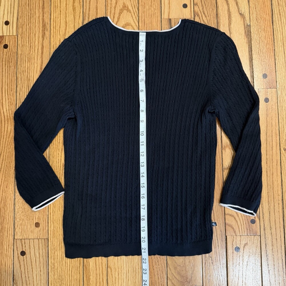 Lauren Ralph Lauren Black Cable Knit V Neck Sweater S Cotton Classic - Picture 7 of 10
